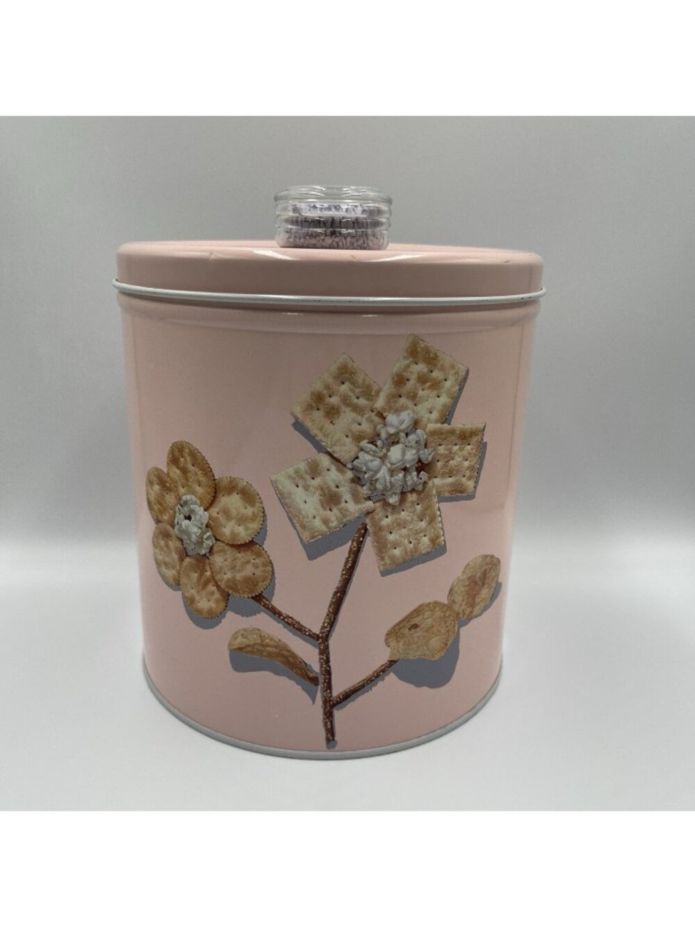 Vintage 1950's Blue Magic Krispy KanCracker Tin Pink Glass Knob